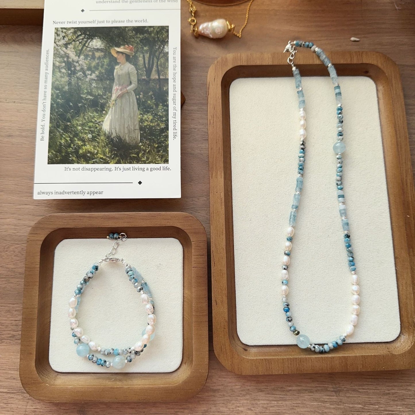 Blue Gemstone, Aquamarine, Pearl, Jewelry Set, Five Elements Design, Women Jewelry, Gift for Her, XZ