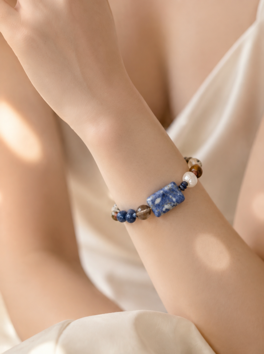 Lapis Lazuli, Freshwater Pearl, Clear Quartz, Bracelet, Five Elements Design, Women Jewelry, Gift fo