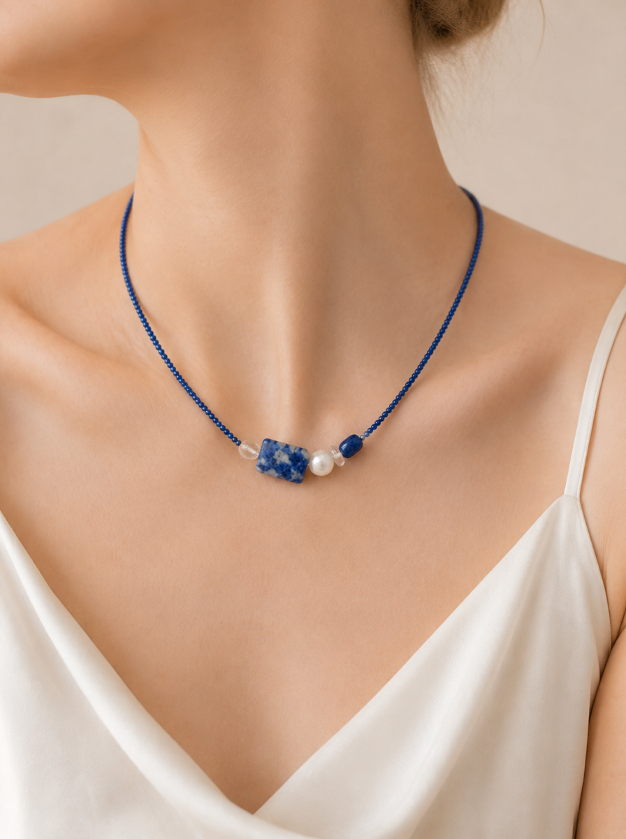 Lapis Lazuli, Freshwater Pearl, Clear Quartz, Necklace, Five Elements Design, Women Jewelry, Adjusta