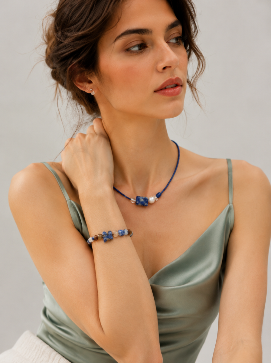 Lapis Lazuli, Freshwater Pearl, Clear Quartz, Jewelry Set, Five Elements Design, Women Jewelry, Gift