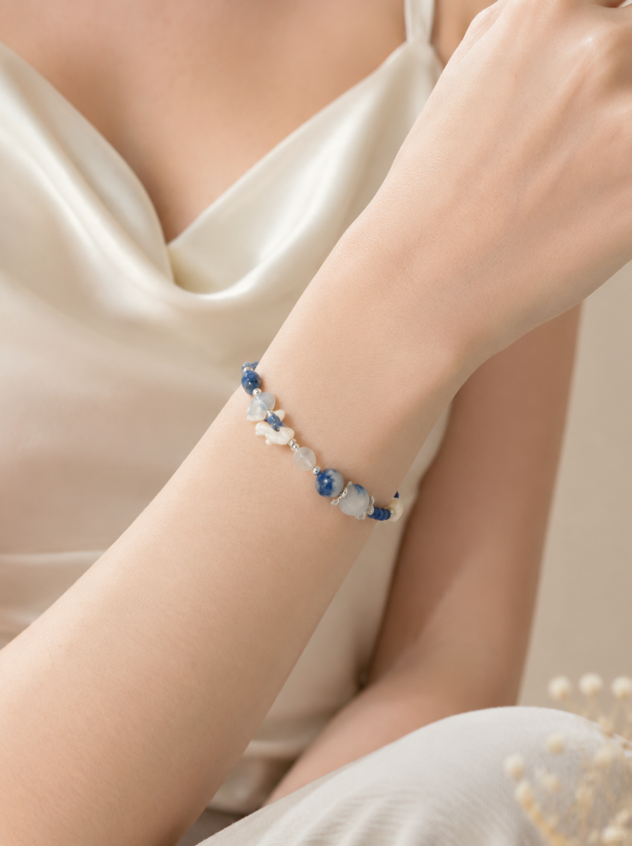 Blue Lace, Clear Quartz, Blue Opal, Bracelet, Five Elements Design, Women Jewelry, Gift for Her, XZS