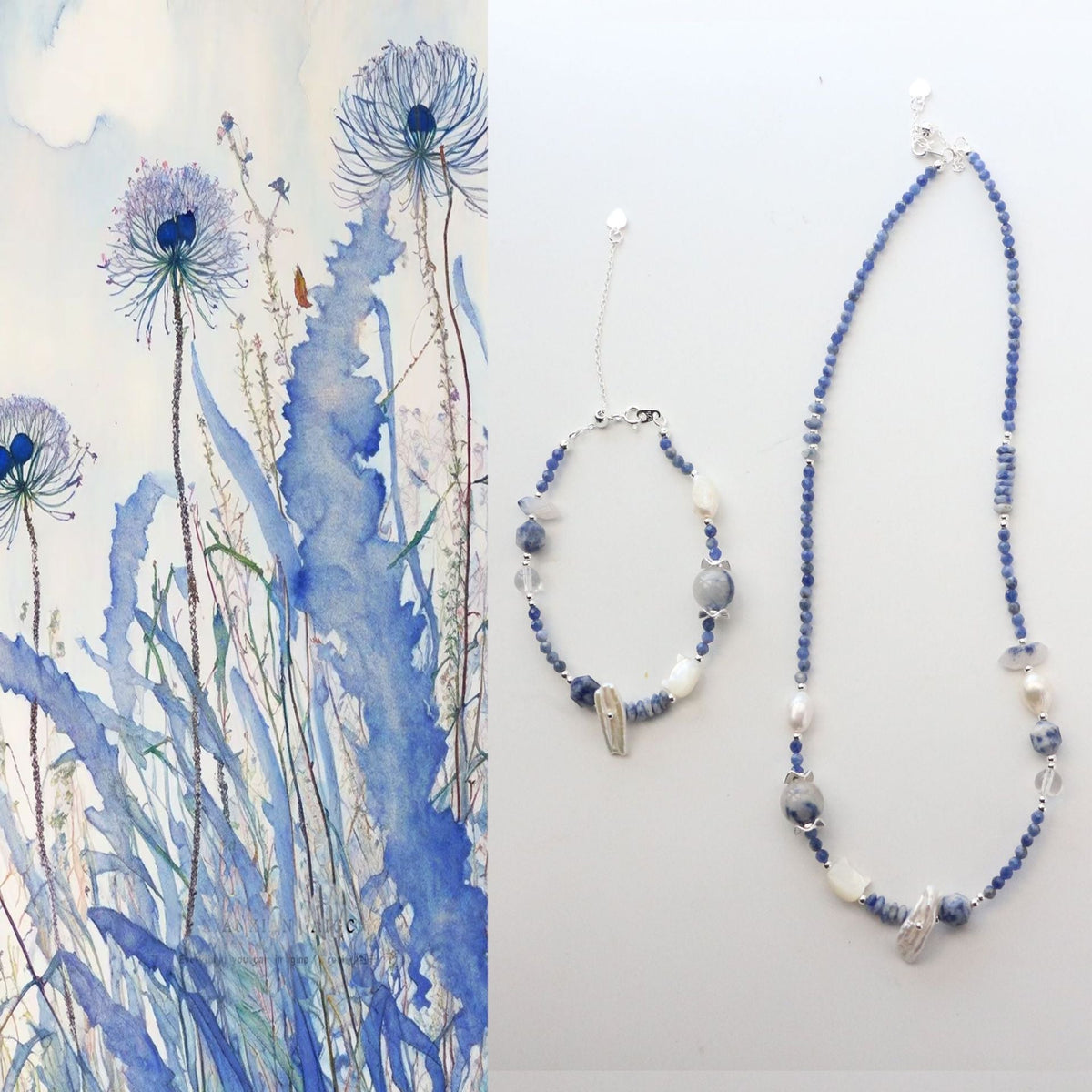 Blue Lace, Clear Quartz, Blue Opal, Necklace, Five Elements Design, Women Jewelry, Adjustable Extend