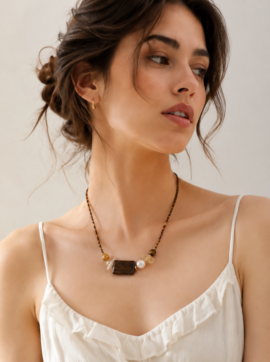 Freshwater Pearl, Amber, Citrine, Necklace, Five Elements Design, Women Jewelry, Adjustable Extender