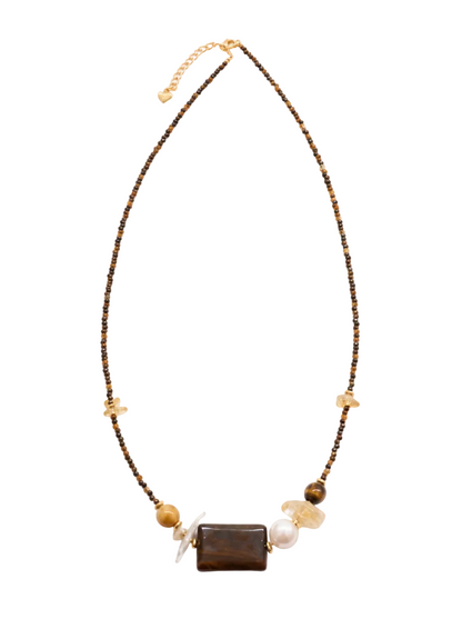 Freshwater Pearl, Amber, Citrine, Necklace, Five Elements Design, Women Jewelry, Adjustable Extender