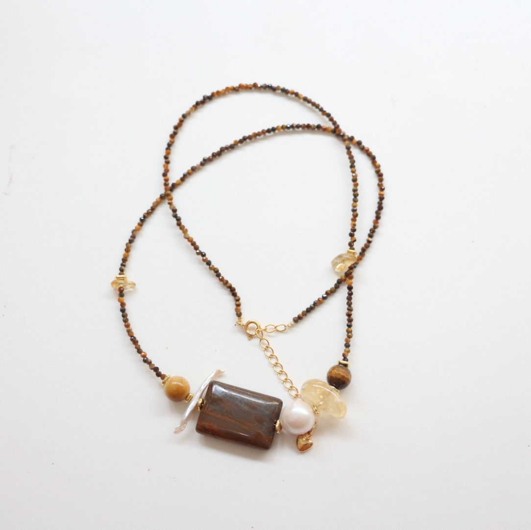 Freshwater Pearl, Amber, Citrine, Necklace, Five Elements Design, Women Jewelry, Adjustable Extender
