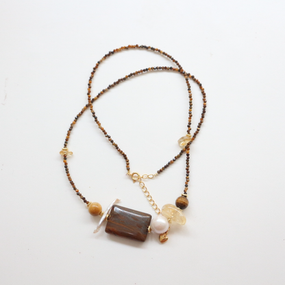 Freshwater Pearl, Amber, Citrine, Necklace, Five Elements Design, Women Jewelry, Adjustable Extender
