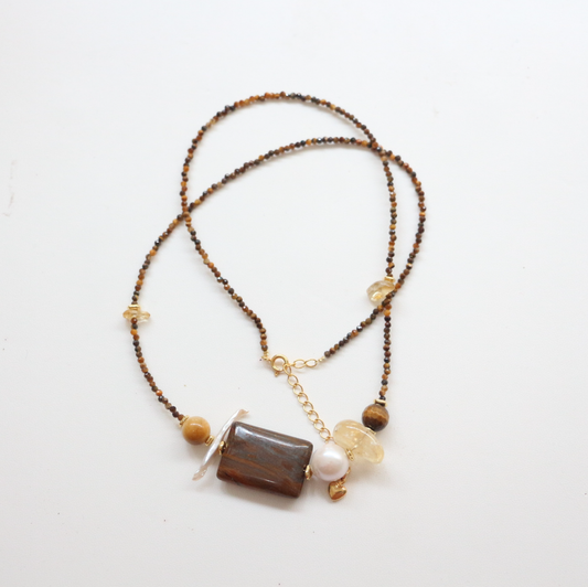 Freshwater Pearl, Amber, Citrine, Necklace, Five Elements Design, Women Jewelry, Adjustable Extender