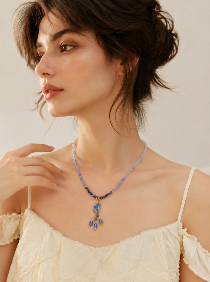 Blue Crystal, White Agate, Lapis Lazuli, Necklace, Chinese Heritage Style, Women Jewelry, Adjustable