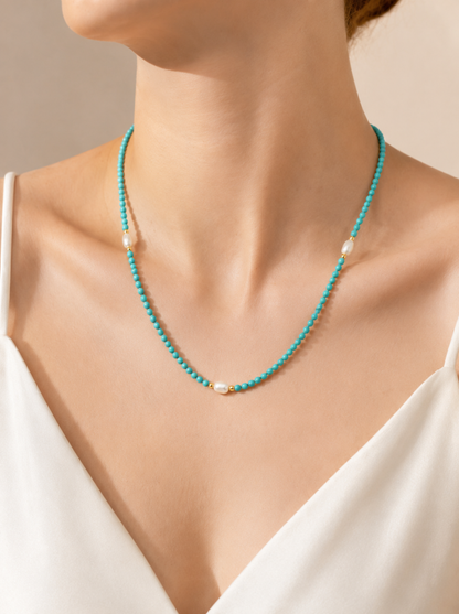 Turquoise, Freshwater Pearl, Necklace, Five Elements Design, Women Jewelry, Adjustable Extender, Gif