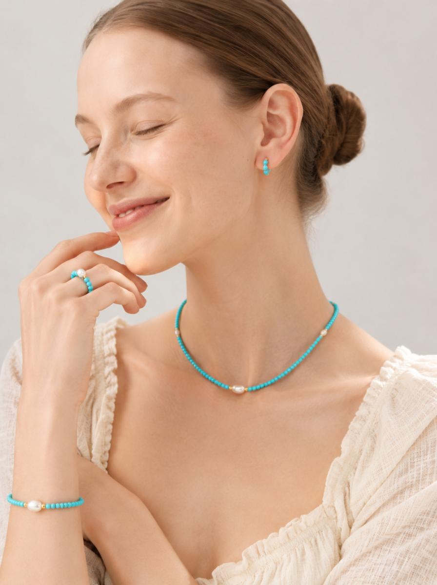 Turquoise, Freshwater Pearl, Jewelry Set, Chinese Heritage Style, Women Jewelry, Gift for Her, ZGS00