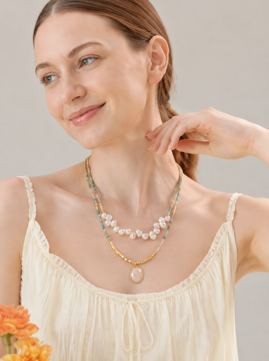 Gradient Amazonite, Pearl, White Jade, Jewelry Set, Chinese Heritage Style, Women Jewelry, Gift for 