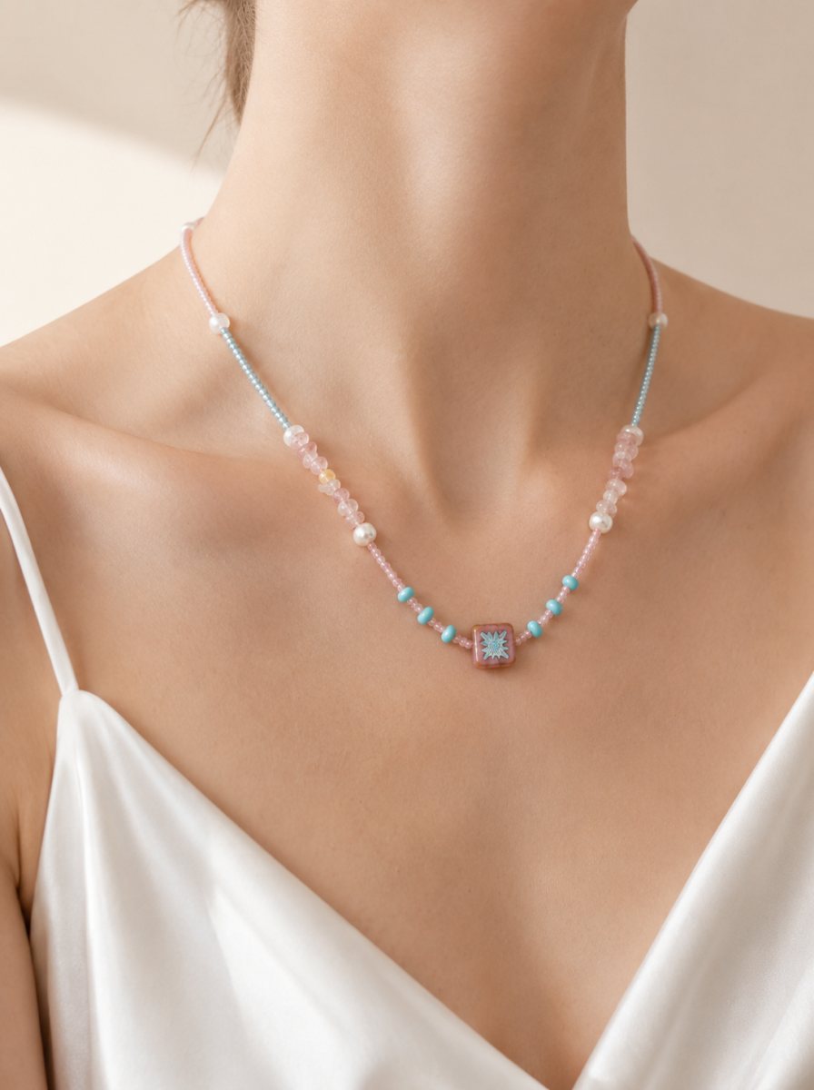 Rose Quartz, Multi-color Seed, Freshwater Pearl, Necklace, Five Elements Design, Women Jewelry, Adju