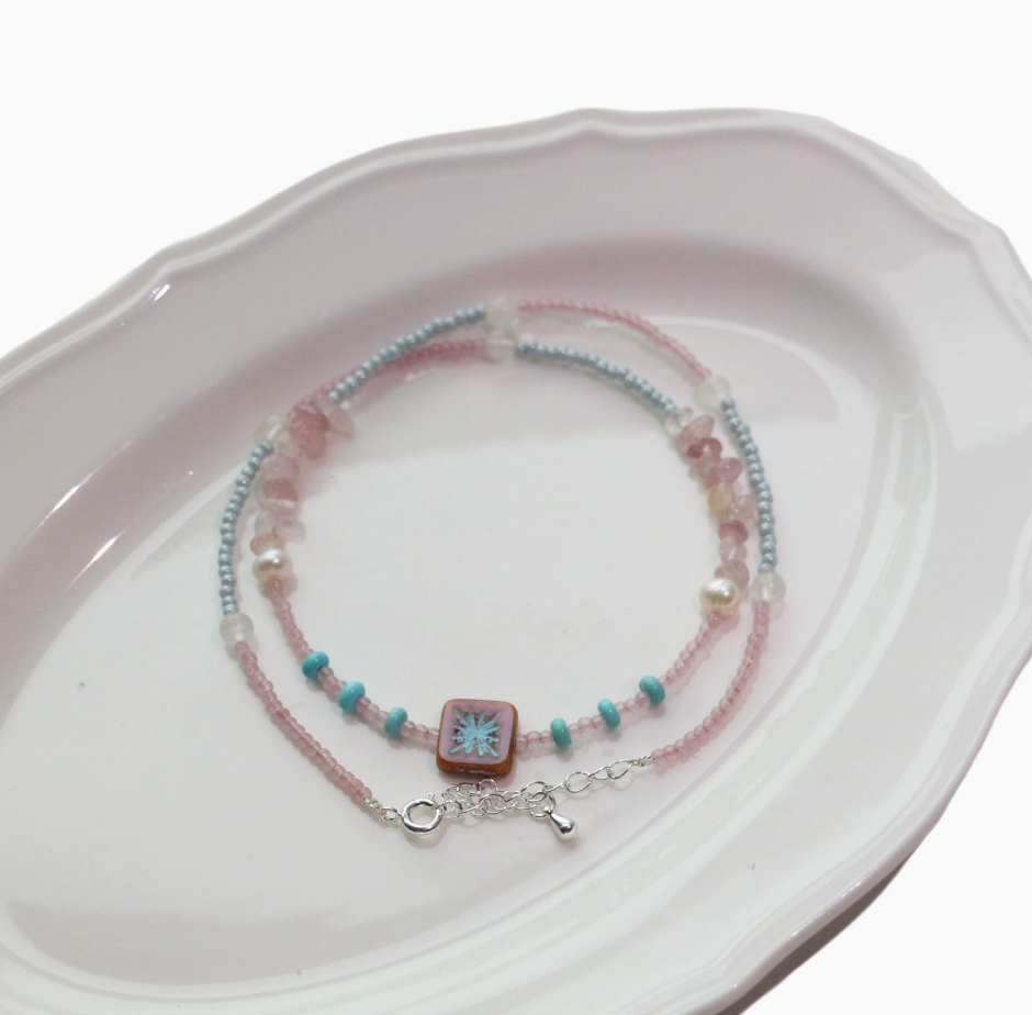 Rose Quartz, Multi-color Seed, Freshwater Pearl, Necklace, Five Elements Design, Women Jewelry, Adju