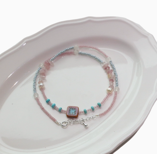 Rose Quartz, Multi-color Seed, Freshwater Pearl, Necklace, Five Elements Design, Women Jewelry, Adju